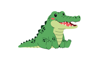 Obraz premium Cute and friendly baby alligator character sitting down with a wide, happy smile and blushing cheeks in a charming illustration.