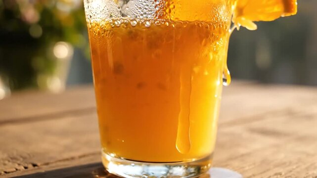 Close-up of a refreshing orange beverage in a glass, with an orange slice. Wooden table visible