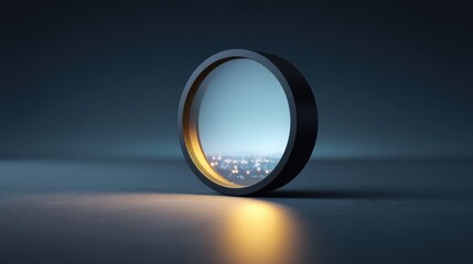 Glass lens with a soft glow displaying a blurred cityscape at dusk, showcasing creative photography and artistic composition techniques in modern design