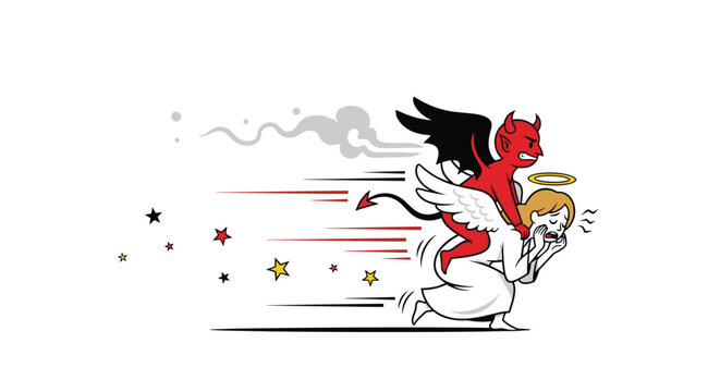 Humorous cartoon of a mischievous red devil with a tail and wings, riding on the back of a terrified angel who is running away.