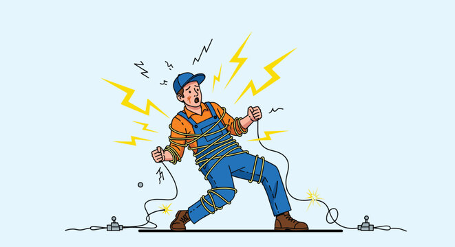 Cartoon man in blue overalls and a cap getting a severe electric shock, tangled in live wires with sparks and lightning effects.
