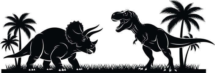 Black silhouette dinosaurs triceratops and tyrannosaurus rex with palm trees t rex prehistoric © Shamimara creative 