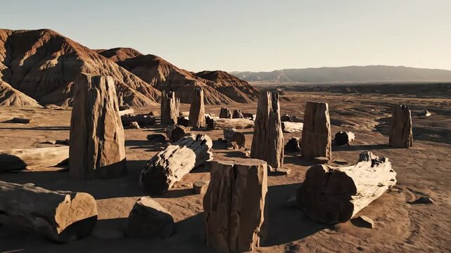 Ancient petrified trees stand like silent sentinels in a barren desert landscape