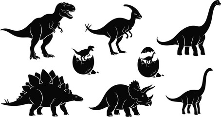 Collection of black dinosaur silhouettes and hatching eggs on white background Tyrannosaurus Rex © Shamimara creative 