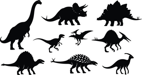 Collection of black dinosaur silhouettes on white background prehistoric ancient © Shamimara creative 