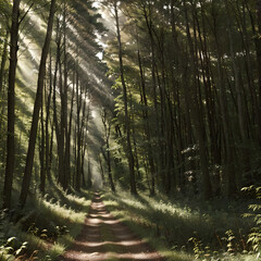 A dense forest with soft sunlight filtering through.