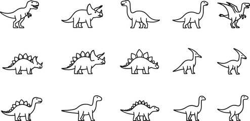 Collection of fifteen black outline dinosaur icons on white background tyrannosaurus rex © Shamimara creative 