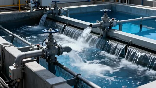 Dynamic medium shot of a flowing basin system showcasing automated valves regulating fluctuating inflows for optimal water treatment.