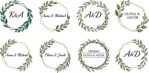Eight wedding monograms with green leaves and geometric frames vector