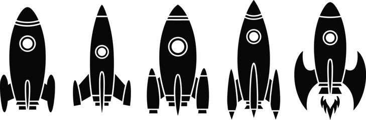 Five black silhouette rocket ships with white circular windows and fins spaceship space © Shamimara creative 