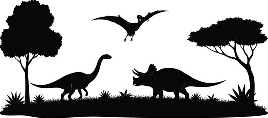 Silhouette of dinosaurs and pterodactyl flying over prehistoric landscape with trees vector © Shamimara creative 