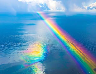 Aerial view of a radiant rainbow arc over a shimmering ocean surface
