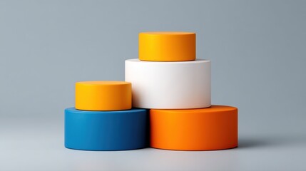 Vibrant Geometric Shapes on Gray Background for Modern Conceptual Design and Creative Projects Featuring Multicolored Circles and Cylinders