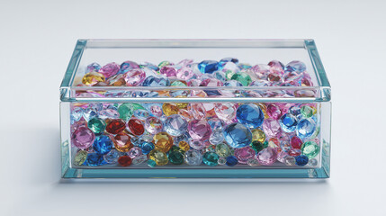 colorful gemstones in glass box, multicolor crystal gems collection, luxury jewelry stones display

