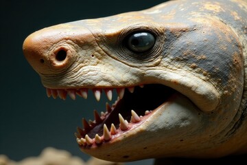 Close-up of fossilized shark jaw, sharp teeth visible, bite, jagged, cartilage