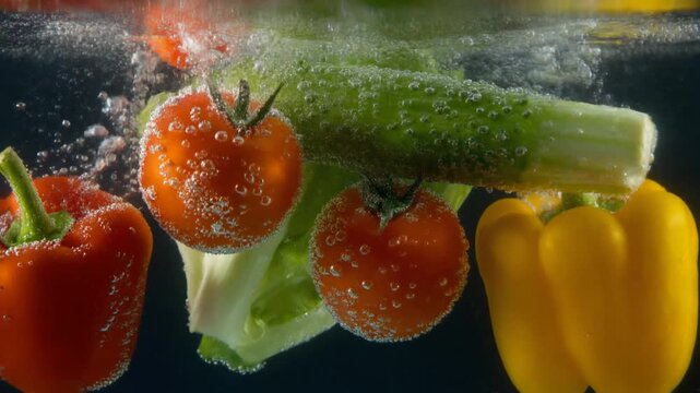 Fresh Vegetables Washing in Water with Air Bubbles