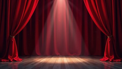 Crimson velvet curtains frame a single spotlight on an empty stage , empty, mystery