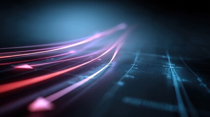 Abstract digital background featuring colorful light trails, glowing lines, and a futuristic grid pattern, ideal for technology and innovation themes.