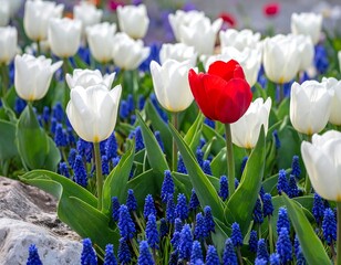 A vibrant garden bed featuring tulips and grape hyacinths