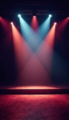 Dynamic stage lighting illuminates empty concert platform, stagecraft, followspots, venue