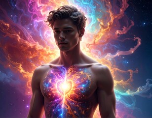A shirtless man with chest illuminated by colorful, ethereal light