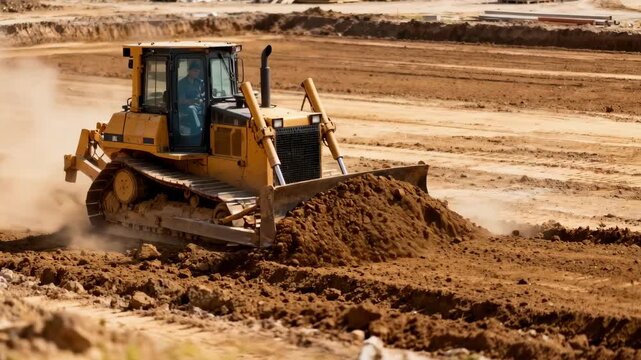 Earthmoving equipment in medium shot actively redistributing soil highlighting the process of leveling a large plot to create a stable base for future development.
