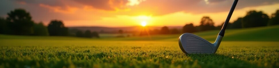 Fairway scene with golf club poised at sunset, image, ball, color