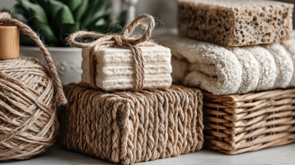 Fototapeta premium Focused view on minimalistic ecofriendly packing materials showcasing simple design with natural fibers while surroundings remain gently out of focus.