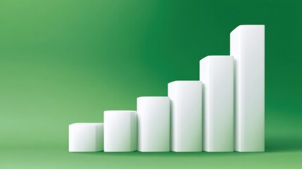 White geometric shapes arranged in ascending order against a vibrant green background symbolizing growth, success, and progress in business and finance