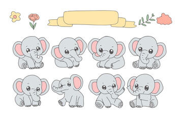 set of cartoon flat design baby elephant . banner blank templates card. 