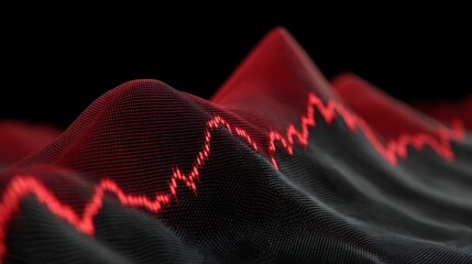 Abstract visualization of data waves displaying fluctuating trends represented by red lines on a dark background, illustrating financial market movements