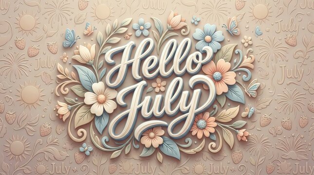 Words 'Hello July' surrounded by vintage floral elements, blooming flowers, soft leaves, and playful butterflies