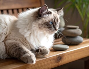 Fluffy long-haired cat with blue eyes rests on a wooden bench