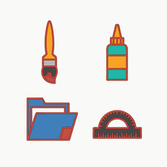 Obraz premium Creative Art and School Supplies Icon Set with Paint Brush, Paint Bottle, Glue, Folder and Geometry Tools, Colorful Flat Icons Isolated on White Background