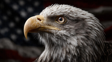 Naklejka premium Majestic Bald Eagle Portrait Against the Background of Waving American Flag Symbolizing Freedom and Strength in Nature and Wildlife Photography