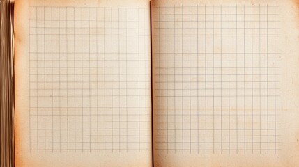 An open notebook with blank, grid-patterned pages, showcasing a vintage look with a slightly worn appearance.