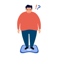 Overweight man standing on weight scale in flat design on white background. Weight gain anxiety.