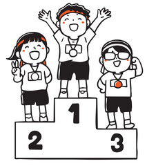 運動会の表彰台に立つ子供たち_単色