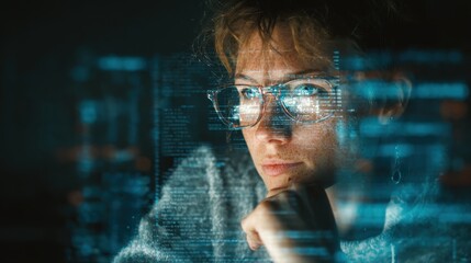 Software coding hologram and woman on tablet.