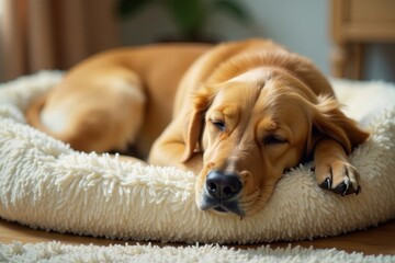 Golden Retriever curled asleep on plush dog bed, indoor, adorable, bed