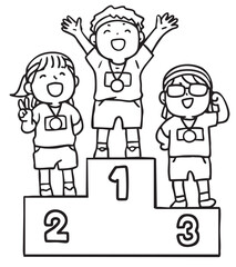 運動会の表彰台に立つ子供たち_線画