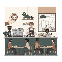 Vibrant coffee shop scene depicting diverse customers and skilled baristas crafting artisanal beverages, perfect for business and lifestyle promotions.