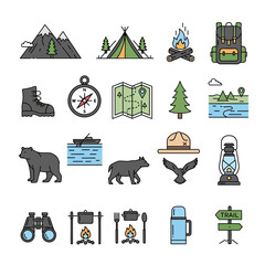 Explore the wild with this collection of adventure icons featuring mountains, tents, backpacks, boots, compasses, maps, and wildlife for your next outdoor project.