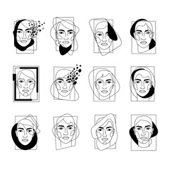Modern minimalist line art portrait collection showcasing diverse feminine faces with abstract graphic elements for contemporary design applications