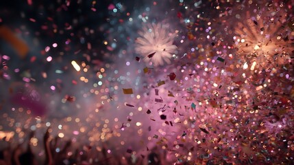 Family celebrates year-end with fireworks and confetti in a colorful display at night