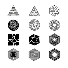 Discover a striking collection of twelve unique geometric logos and abstract design elements for modern branding and creative projects