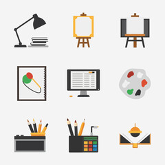 Creative studio essentials including desk lamp books easel computer monitor artist palette pens and open book for design inspiration