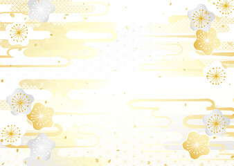 金銀の梅の花と日本の伝統模様を組み合わせた着物のような華やかなベクター背景イラスト