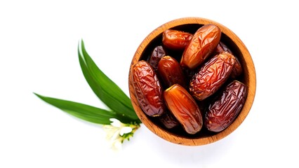 Dried dates in a wooden bowl with green leaves and white flowers fruit food