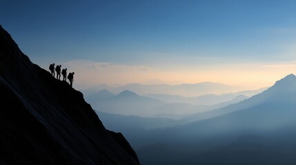 Silhouette of the team on the mountain. Leadership Concept.